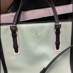 Kate Spade Mint Green Black and White Leather Tote Handbag Purse Bows Inside!
